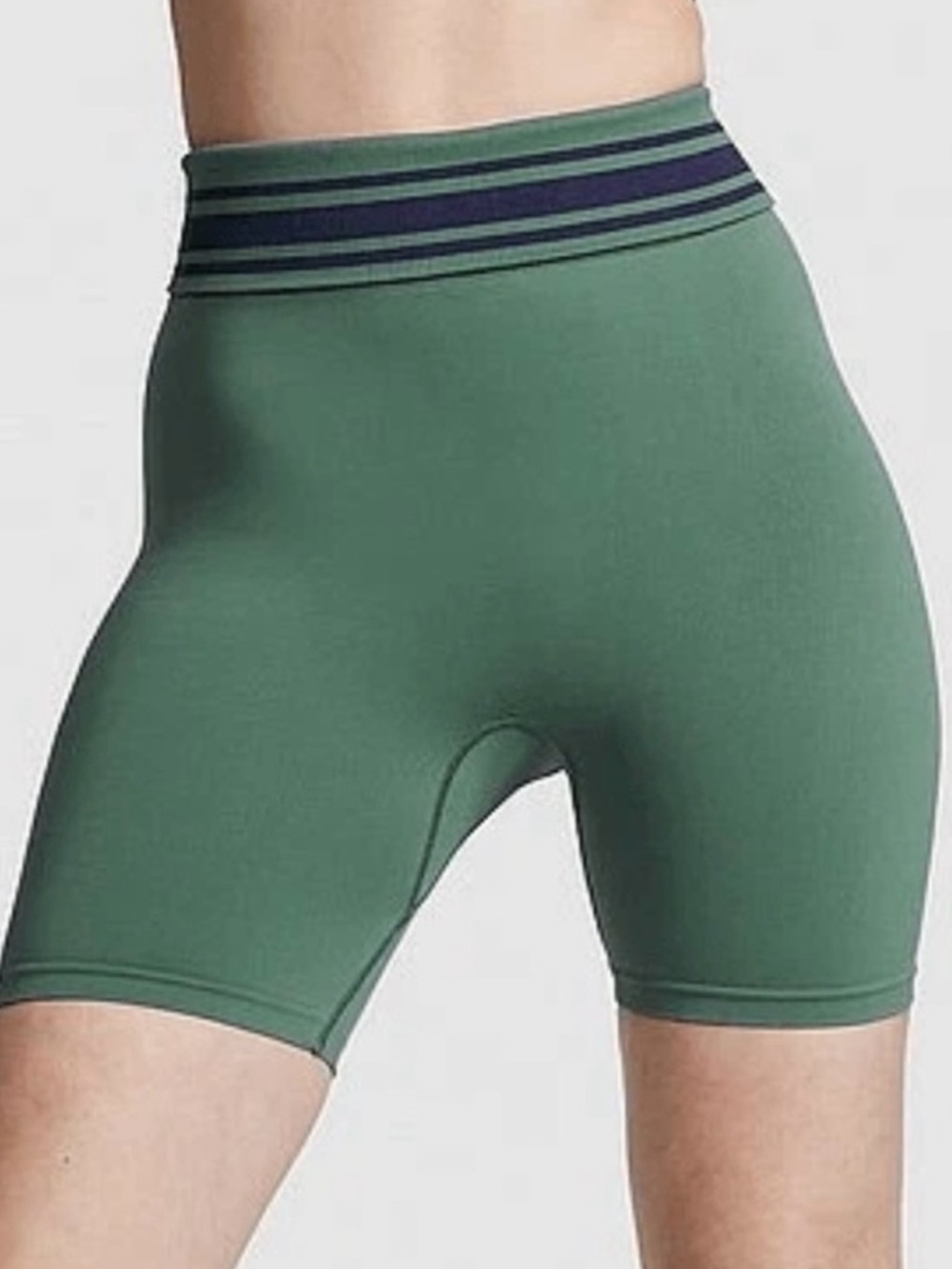 💗PINK VS Flip It SEAMLESS fold over trendy  Sage/Navy Stripe Bike shorts! LARGE!